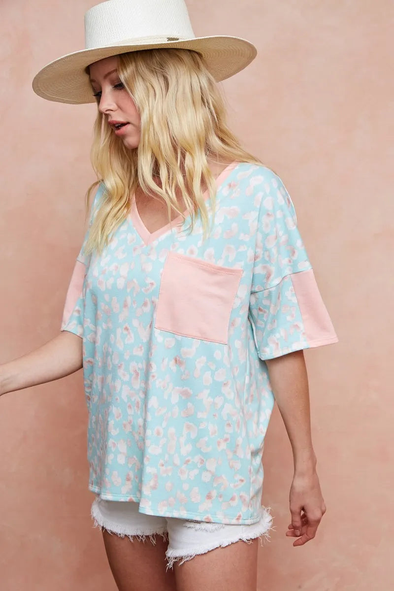 BiBi T-Shirt Mint Pink Multi Color Leopard Printed French Terry Pocketed Top 138b275e889341e394bb505ef1eb2756-Max-Origin Trendsi