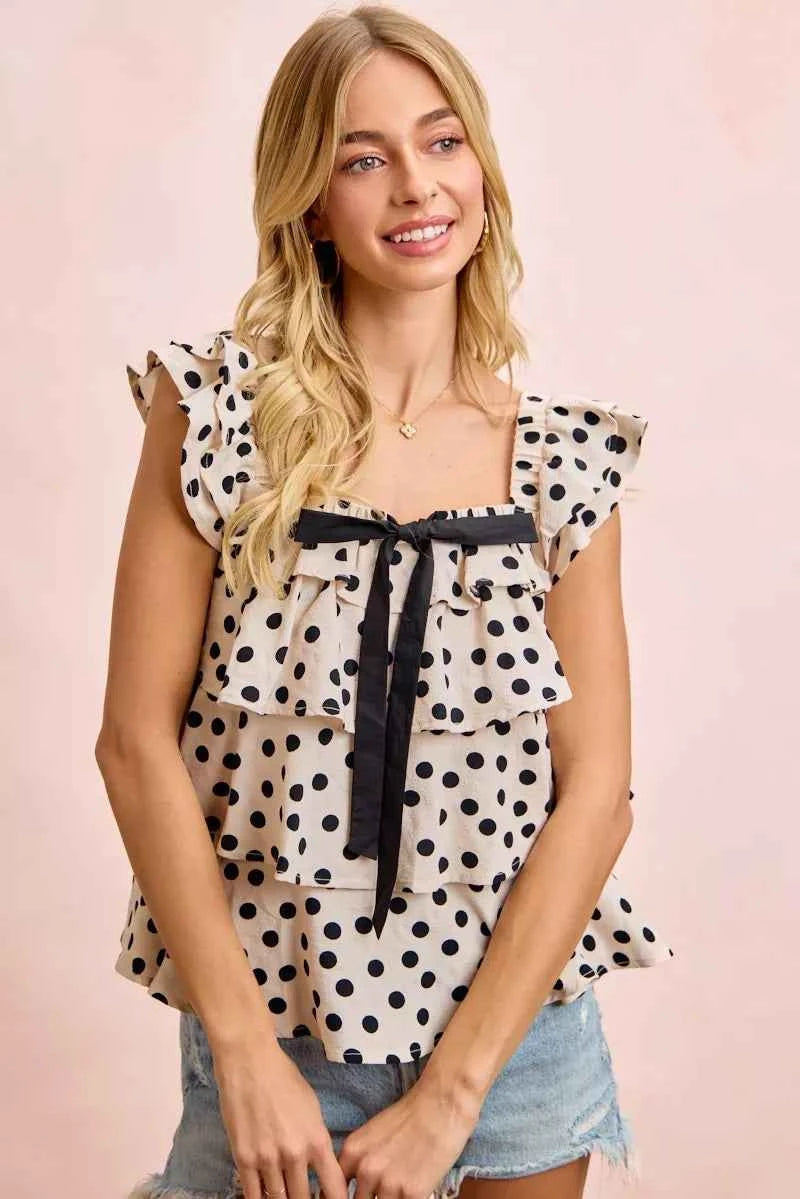 BiBi Polka Dot Ruffled Bow Tied Square Neck Sleeveless Top