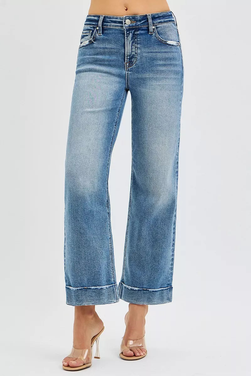 RISEN Womens Jeans Crop Mid Rise Straight with Taylor Cuffed Plus Sizes