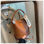 Women's Bucket Bag Small Coffee Brown PU Leather Two-Tone Casual Crossbody