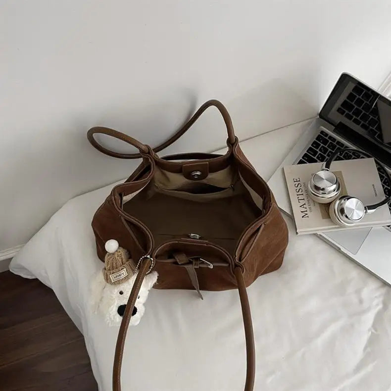 Women's Casual Shoulder Bag Buckle Drawstring Soft Matte Medium Handbags