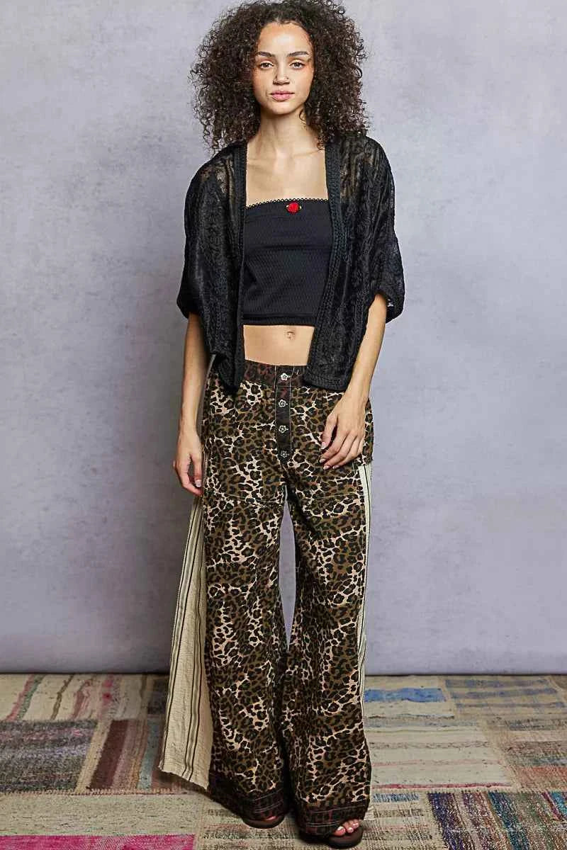 POL Open Front Crochet Cardigan with Floral Embroidery