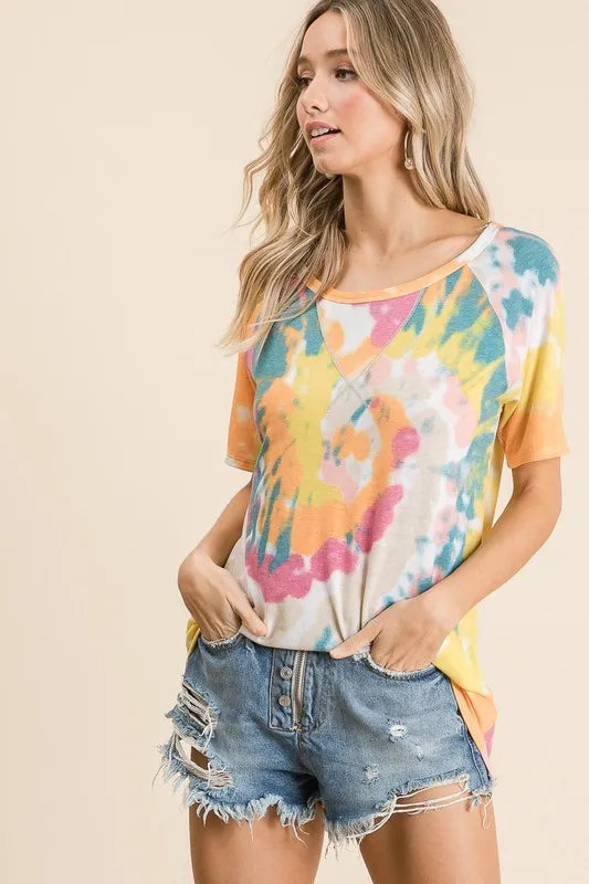 BiBi Tie Dye Print Short Sleeve T-Shirt with Raglan Sleeves 13aa030ef2db459186a831d011feaadd-Max-Origin Trendsi