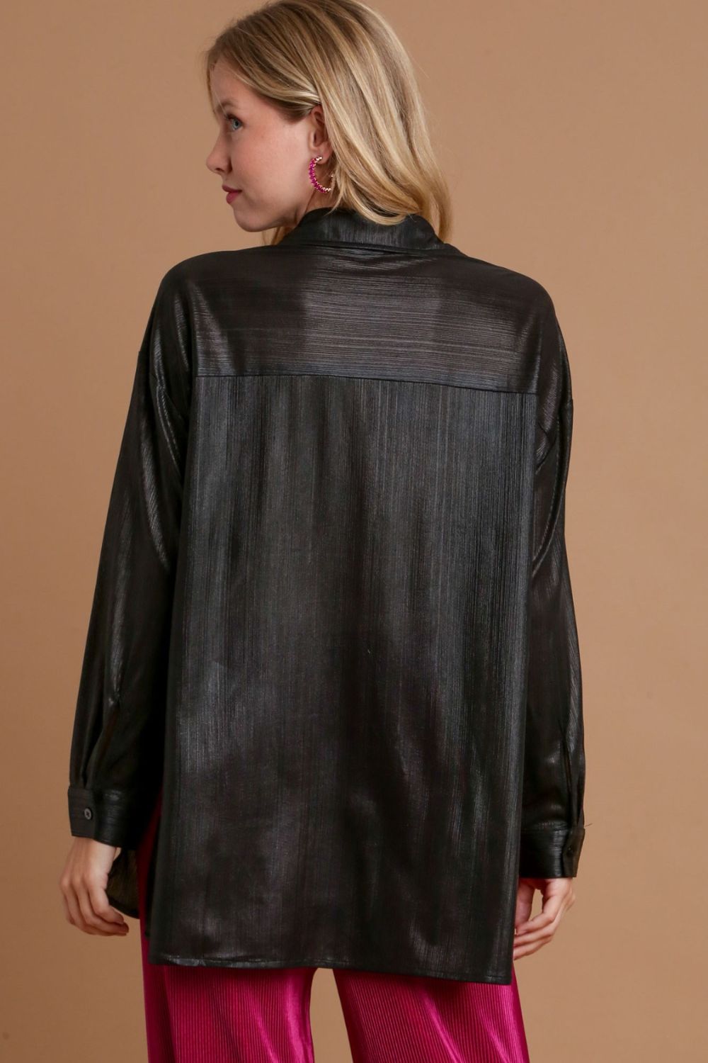 Umgee USA Black Metallic Shirt Women Side Slit Button Up Long Sleeve