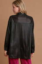 Umgee USA Black Metallic Shirt Women Side Slit Button Up Long Sleeve 13ad530e-b6b3-4b84-8611-61dd16e7b24d-Max Trendsi