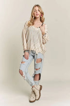 ADORA Knit Top Distressed Zebra Ivory Gold Raw Hem Fringe Long Sleeve 13b73a1d654d4a7cb88f01c88084a3db-Max-Origin Trendsi