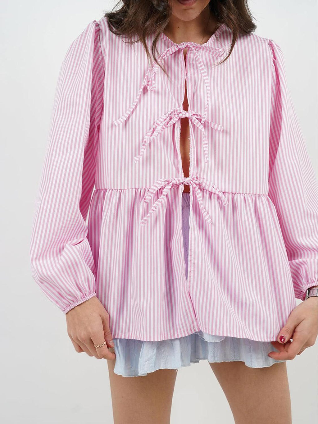 Blouse Front Tied Round Neck Long Sleeve Cotton Blend Tops 13b9861a-b0ab-493b-8e10-6c169e158b7e-Max_68a83222-b904-4e46-8555-bc230187f0e6 Trendsi