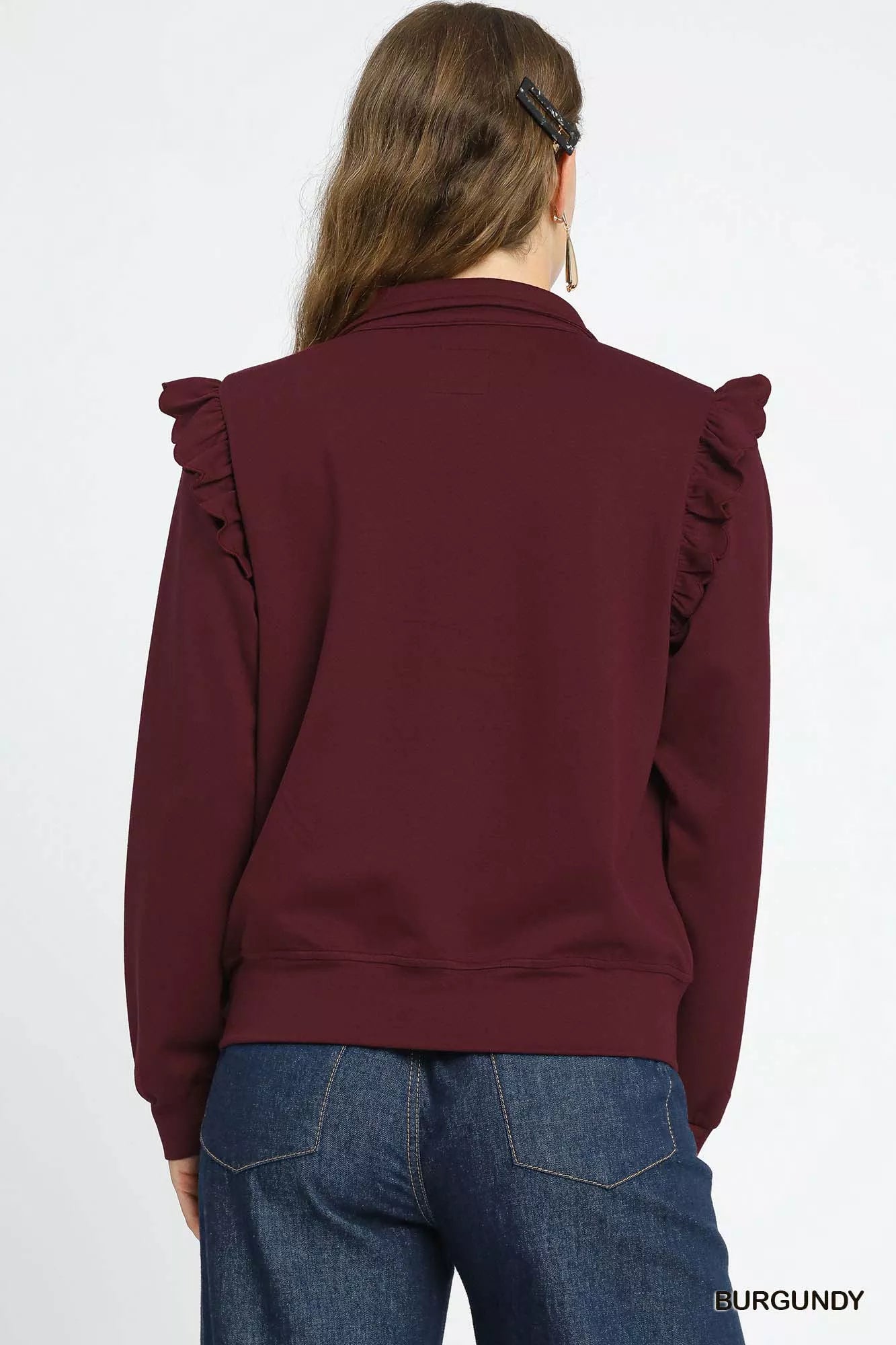 Umgee Womens Sweatshirt Luxeknit Ruffle Shoulder Quarter-Zip Burgundy Top 13c32ff5-4b0e-4941-b8cf-dc1818454470-Max-Origin Trendsi