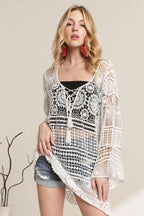 ADORA Crochet Dress Cotton White Front Lace Up Floral Cover Up Long Sleeve WHITE 13c4a48fb00b433b8209e29c533b36bc-Max-Origin Trendsi