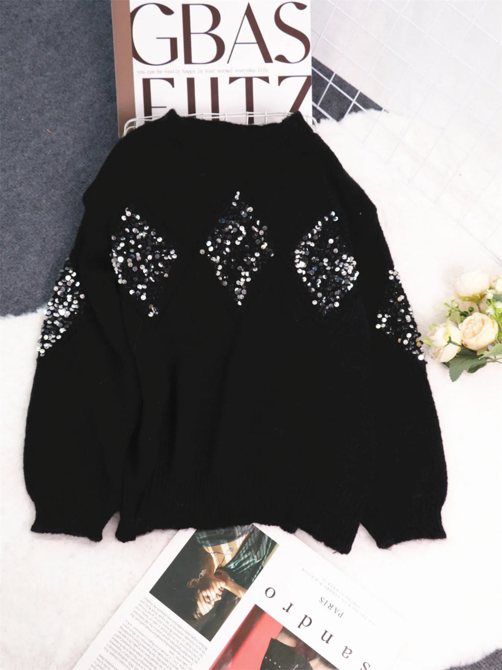Women's Sweater Sequined Diamond Pattern Oversized Knitwear 13c75e989a0c422d92d38df50f0e9c6d-Max-Origin Trendsi