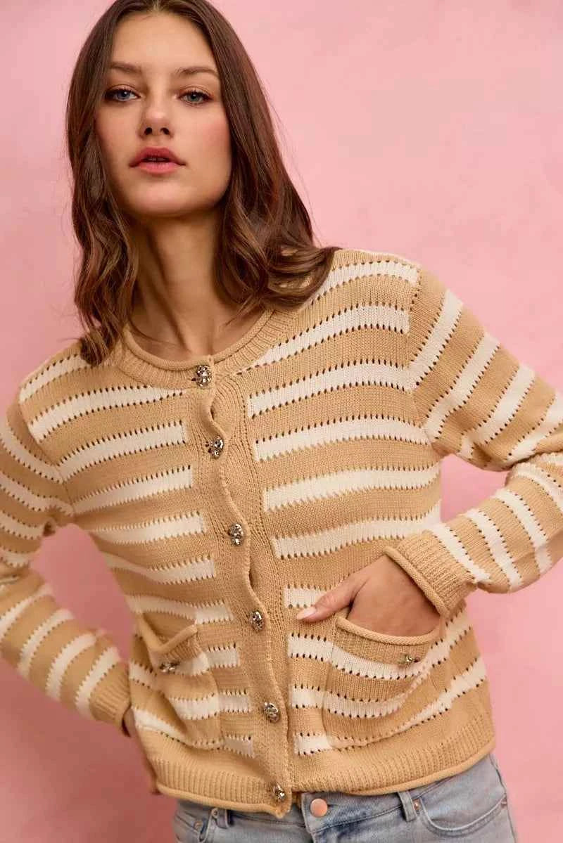 SO ME Women Sweater Cardigan Stripe White Beige Long Sleeves Buttoned 13cfb830fc8246f2bcb71eead2f21079-Max-Origin Trendsi