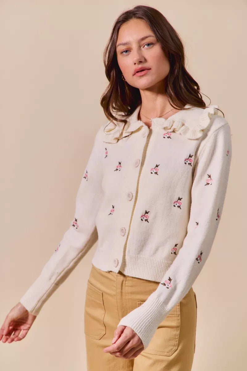 SO ME Women's Cardigan Cream Floral Embroidered Collared Long Sleeve Sweater 13d07b1551a9466f8fdc573819fc3f83-Max-Origin Trendsi