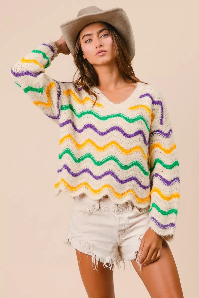 BiBi Womens Sweater Mardi Gras Wavy Stripes V-Neck Open Knit Pullover 13d32cd1424b42d4a2aa31c9587b57c1-Max-Origin Trendsi