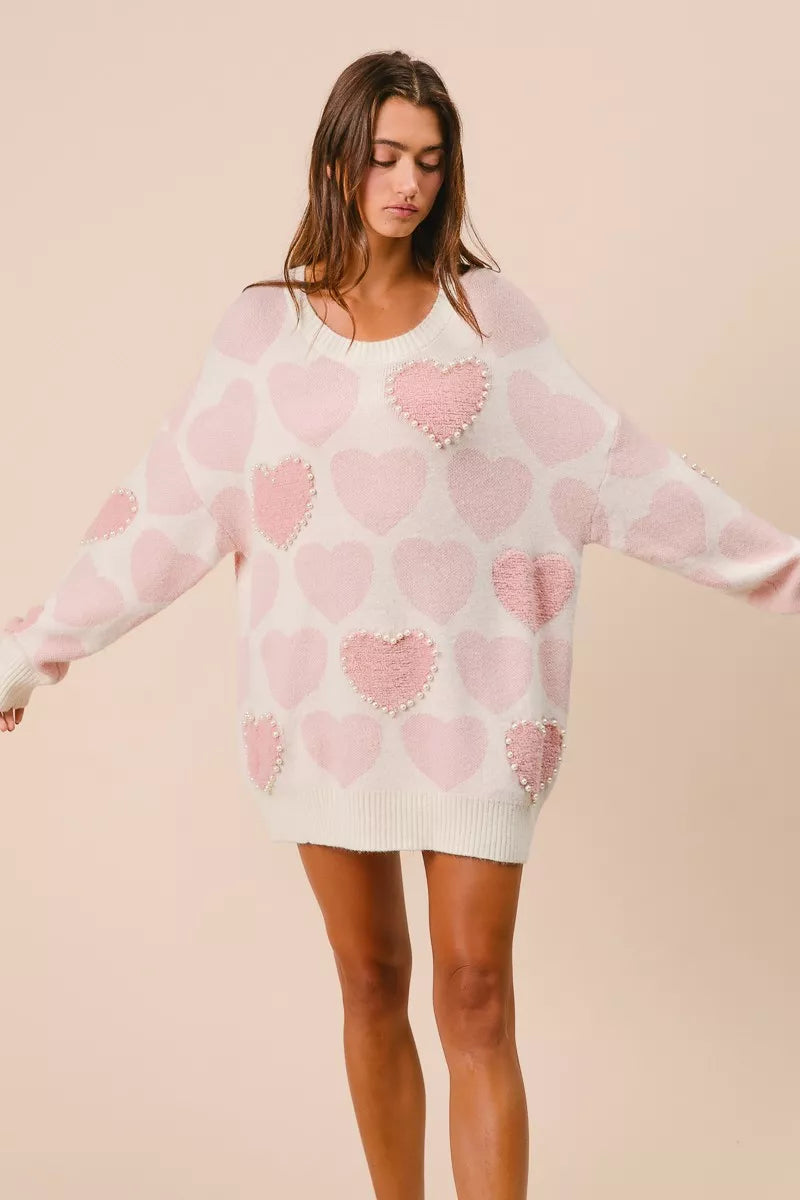 BiBi Womens Sweater Light Pink Heart Pattern with Pearl Detail 13d6225f331b4602929c0341eade89bc-Max-Origin Trendsi