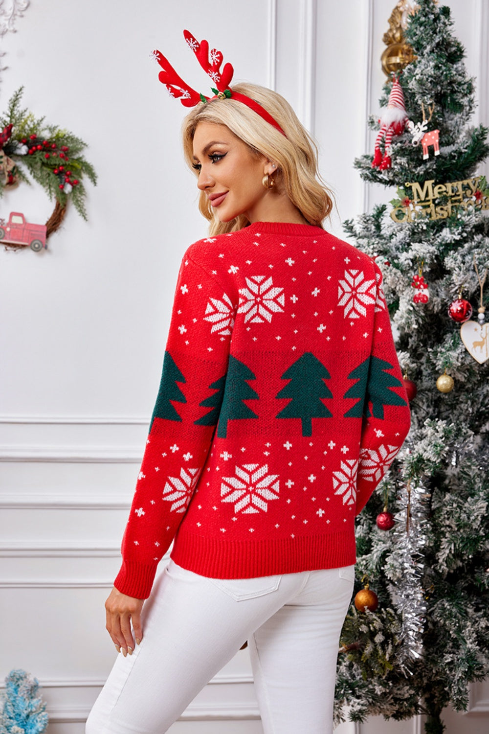 Christmas Tree Sweater Red Round Neck Long Sleeve Soft Knitwear 13da7ab0-b9e3-4e2b-8721-65fac6dafcd4-Max Trendsi