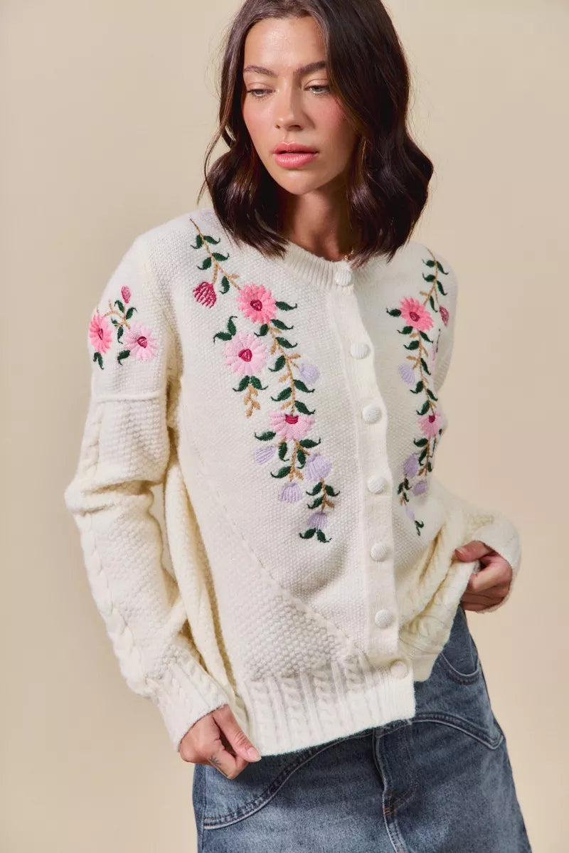 SO ME Women's Sweater Cardigan Floral Embroidered Coquette Ivory Cable-Knit 13dad47c0a40496cb551fecacdfdd542-Max-Origin Trendsi