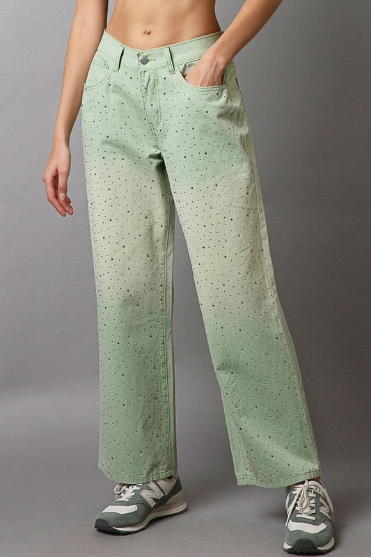 POL Women Pants 100% cotton Embellishments Rhinestone Wide Leg Trousers Light Green 13dd8ddf-9b98-4956-8316-6c911d78edc6-Max Trendsi