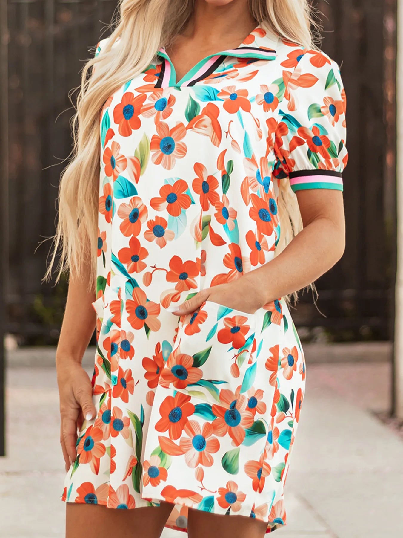 Mini Floral Dress Contrast Trim Split Neck Puff Short Sleeve Tiered 13e631bceb7c4f128d9919bbc5f0951f-Max-Origin Trendsi