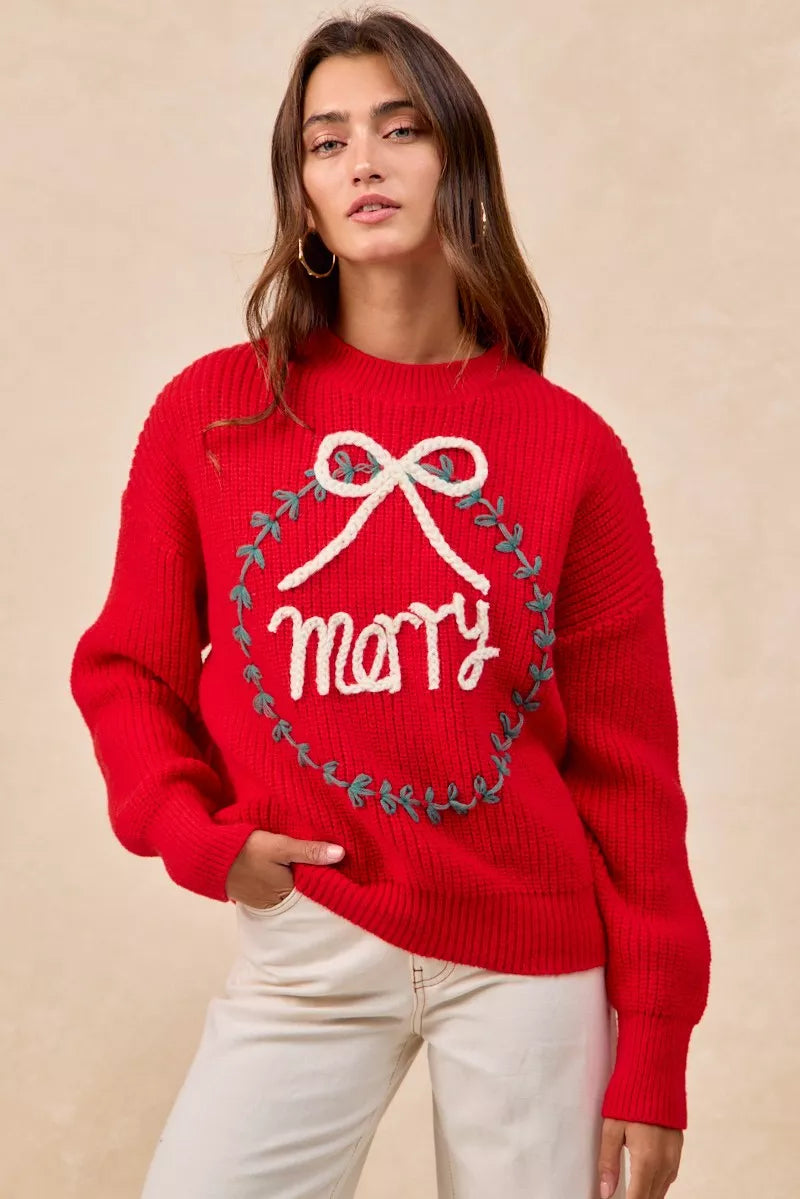 BiBi Christmas Womens Pullover Red Wreath Merry Letter Knit Top 13e979305f384d908d07ae73ce70b5d7-Max-Origin Trendsi