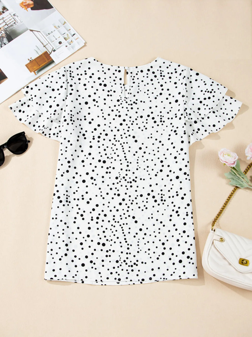 Women's Blouse Polka Dot White Layered Ruffled Short Sleeve Top 13ebd199a35f4568bc44f98105e06528-Max-Origin Trendsi