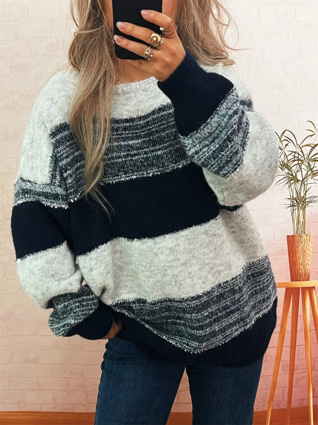 Women's Sweater Color Block Stripe Dropped Shoulder Knit Pullover 13ef33dfbbcb46f0b1a7f8e3af247ccf-Max-Origin Trendsi