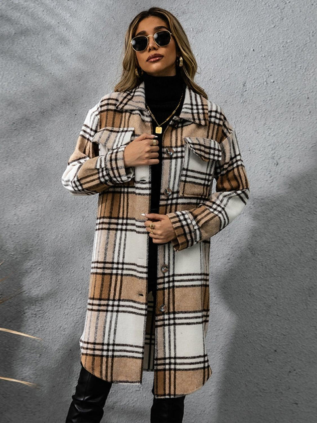 Plaid Coat Collared Neck Long Sleeve Pocketed Outwear Camel 13f7a409-2fc9-444a-a903-95ff1fc184dd-Max Trendsi