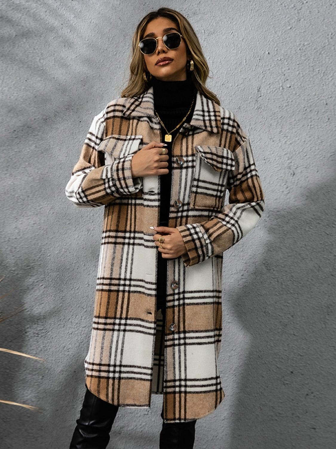Plaid Coat Collared Neck Long Sleeve Pocketed Outwear Camel 13f7a409-2fc9-444a-a903-95ff1fc184dd-Max Trendsi