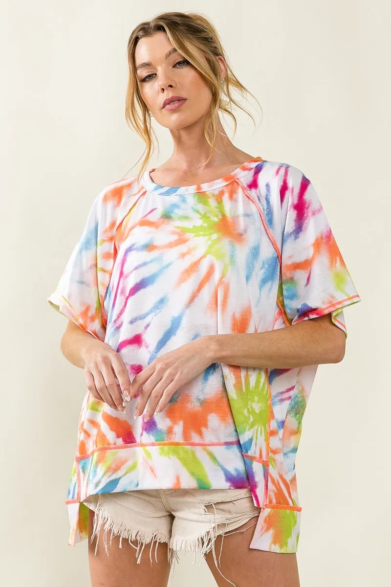 BiBi T-shirt Cotton Tie Dye Print Jersey Stitched Uneven Hem Top 1402052574434c83bd6c4a8c94db22f4-Max-Origin Trendsi