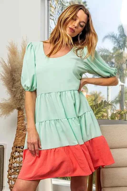 BiBi Two-Tone Balloon Sleeves U Neck Tiered Ruffle Hem Mini Dress