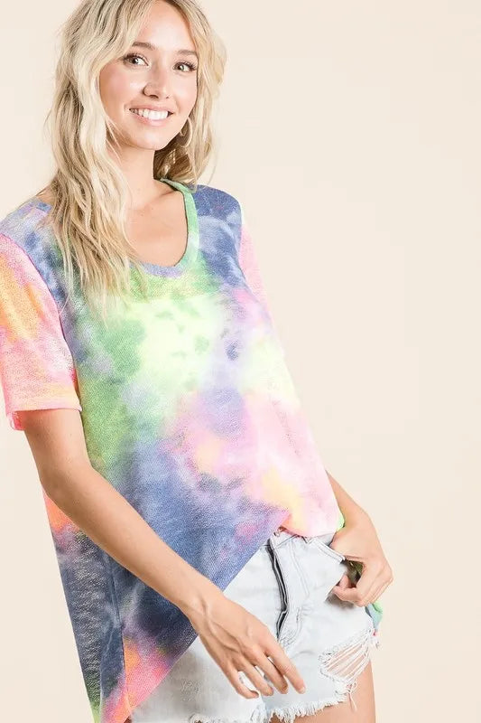 BiBi Tie Dye Print Womens T-shirt Low Gauge Deep U Neck Top 1407f6eace614f2b908fd3aca4c76bfe-Max-Origin Trendsi