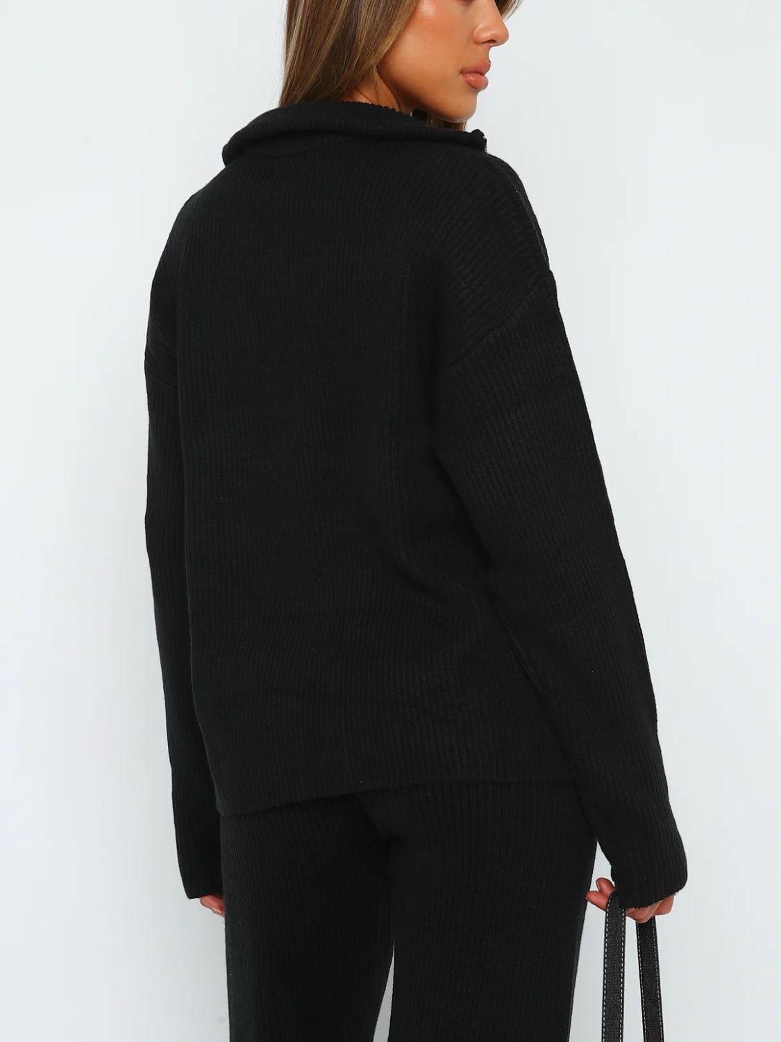 Outfit Set Ribbed Quarter Zip Long Sleeve Top and Pants Set 14082d9f-2151-4a9b-b4f3-bd2eee5cc5f5-Max Trendsi