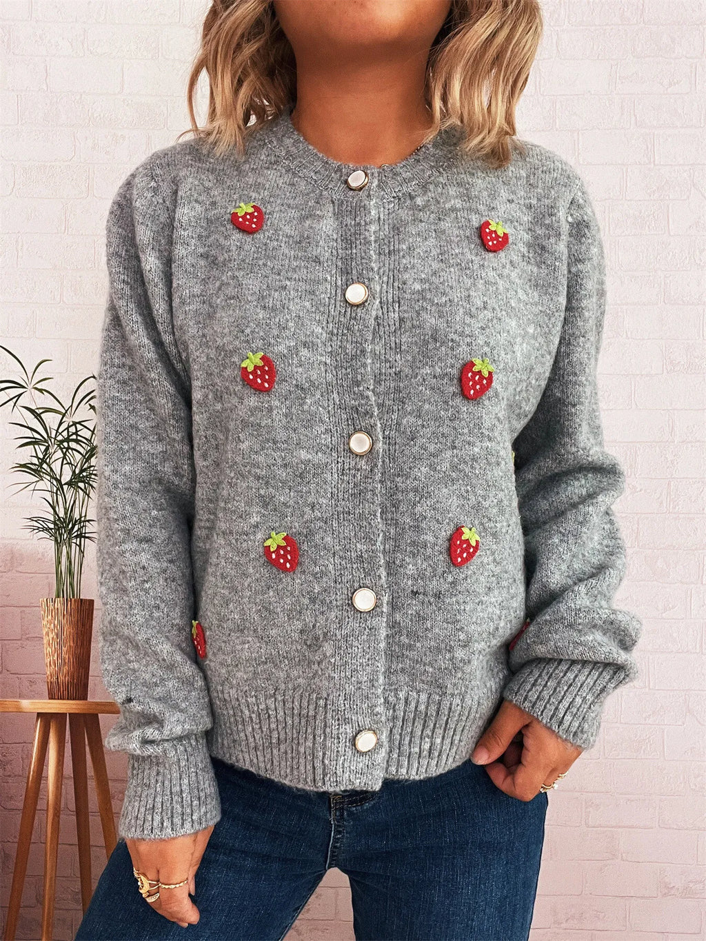 Women's Cardigan Strawberry Button Up Long Sleeve Soft Knit 14098ad8fcd24742b4118e1948029741-Max-Origin Trendsi