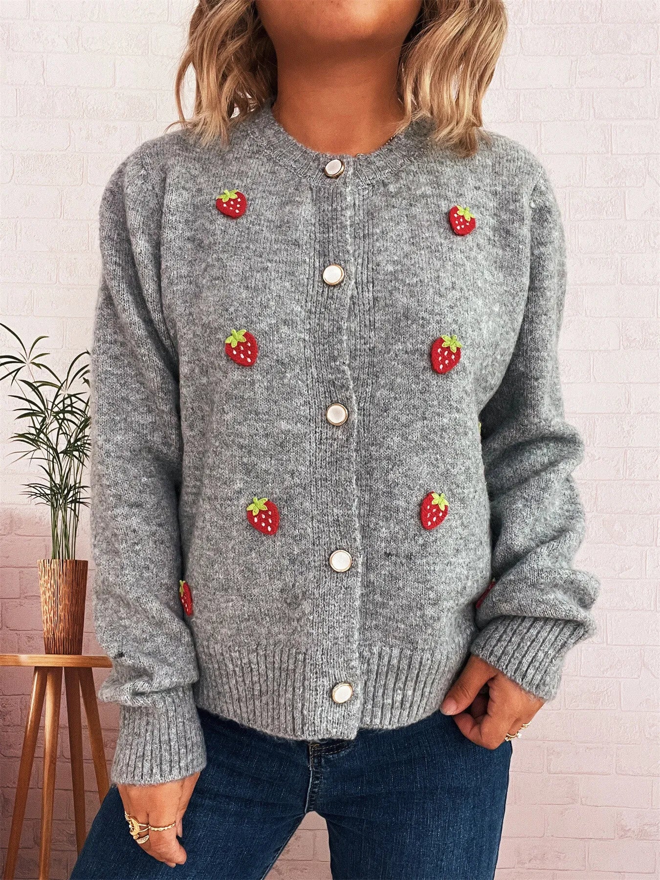 Women's Cardigan Strawberry Button Up Long Sleeve Soft Knit 14098ad8fcd24742b4118e1948029741-Max-Origin Trendsi