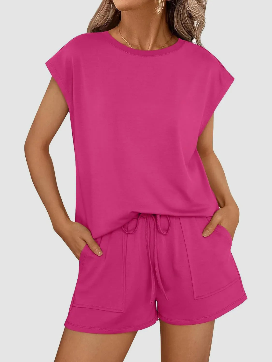 Outfit Set Round Neck Cap Short Sleeve Top and Shorts Set Hot Pink 1409a907-f444-466a-8af5-12032072f809-Max-Origin Trendsi