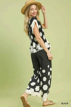 Umgee Blouse Black Hexagon Print Peplum Top Ruffled Short Sleeve 140b267b-b612-4d62-bf3d-e95ce22f57c8-Max-Origin Trendsi