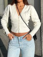 Women's Cardigan Cropped Knit Ribbed White Button-Front Long Sleeve White 1413eaa1db8044e9b26de1c7b561c2be-Max-Origin Trendsi