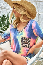 BiBi Tie Dye Print Womens T-shirt V Neck Top With Front Leopard Patch Pocket 1414b7fd107646999d096bad1549457c-Max-Origin Trendsi