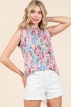 Lime 'N' Chili Top Floral Pink Graphic Print Ruffle Trim Mock Neck Sleeveless 141d9b608968458fa745b3cb434a9d42-Max-Origin Trendsi