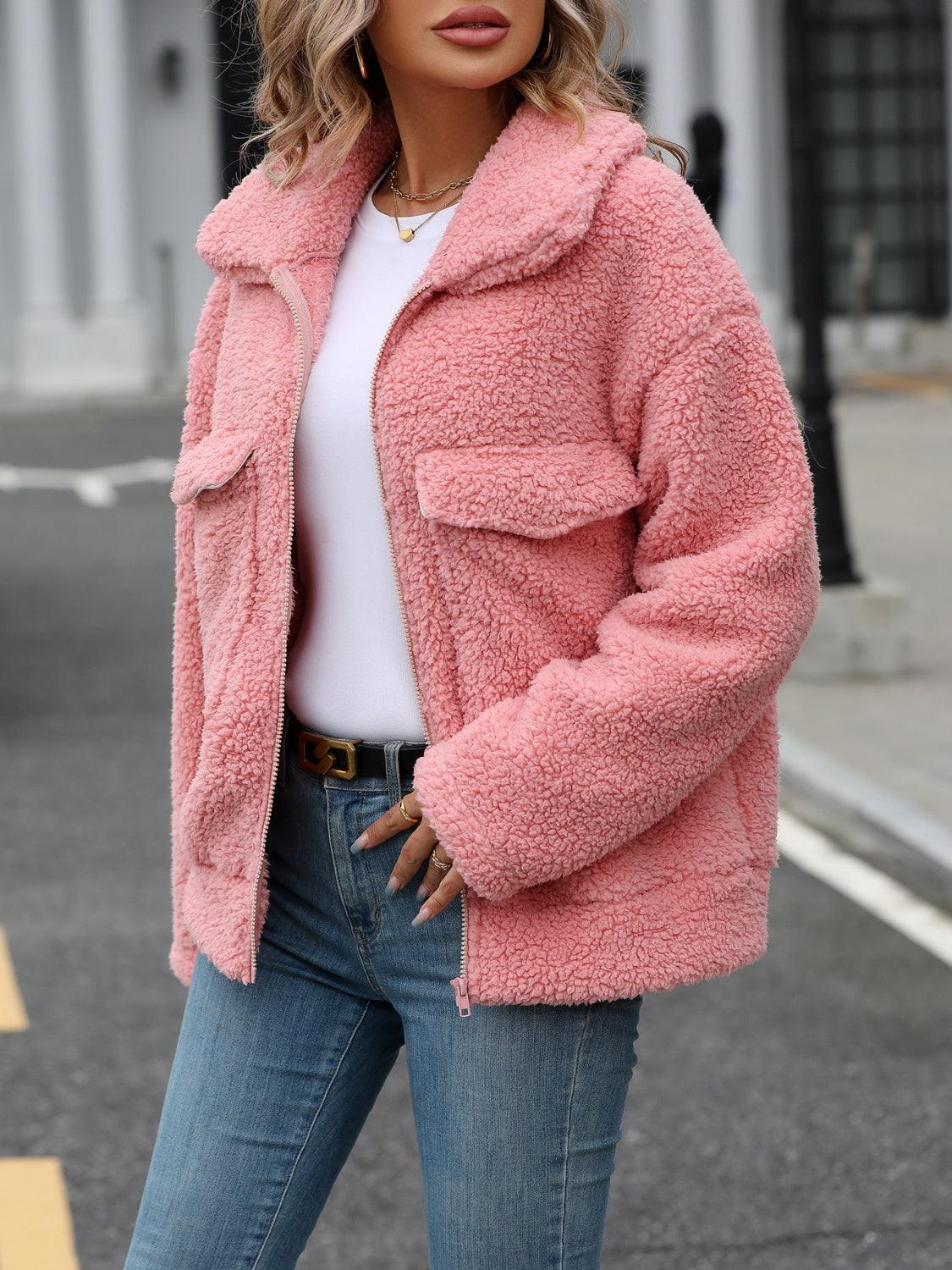 Pink Plush Jacket Zip Up Long Sleeve Coat Outwear 141dbefd-70b1-4d0b-b157-bd940366cad2-Max Trendsi