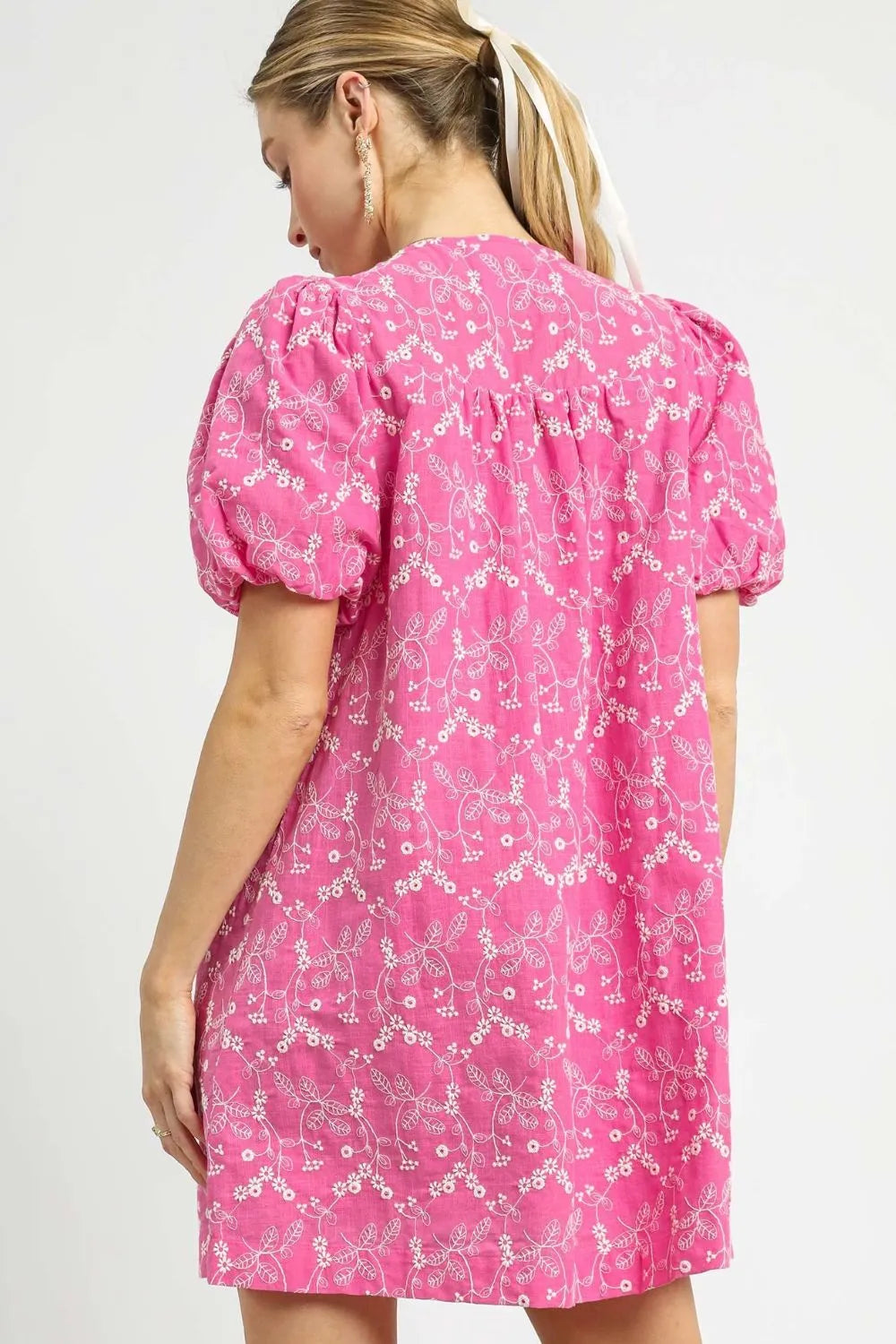 Umgee Mini Dress Hot Pink Floral Embroidered V-Neck Puff Short Sleeve 14258e0e-58ea-4513-b993-c083f5d278fb-Max-Origin Trendsi