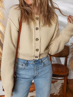 Womens Cardigan Beige Knit Button Front Cropped Long Sleeve 142fe405f54144b8bc20caa25eda54c0-Max-Origin Trendsi