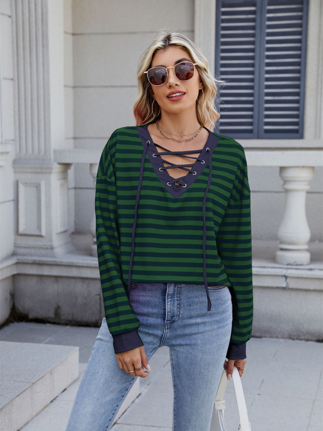 Striped T-Shirt Lace-Up Crisscross V Neck Long Sleeve Blouse Top Dark Green 1434a557-d184-4704-8bcd-58972ef11a17-Max Trendsi