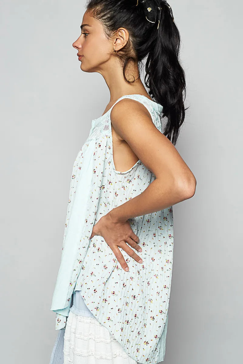 POL Floral Tank Top Mint Blue Print Button-Front Lace Mesh Patchwork