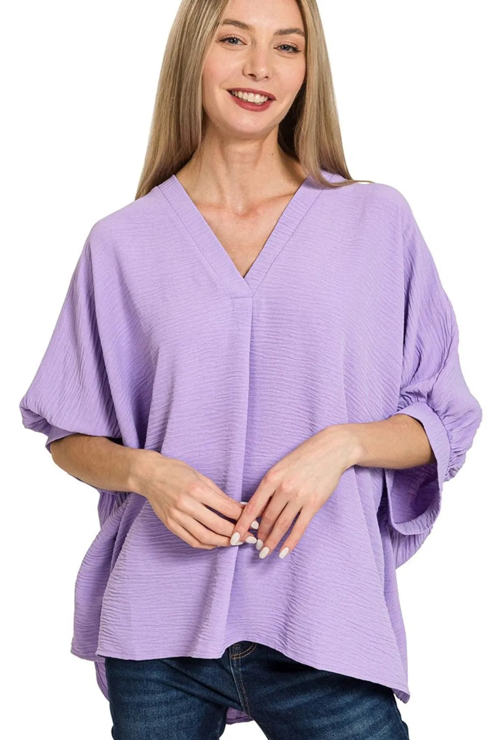 Zenana Blouse Lavender Woven Airflow V-neck Puff Half Sleeve Oversized Top 143a8dae-4bd7-4f58-84a8-cf66a9dc6c68-Max-Origin Trendsi
