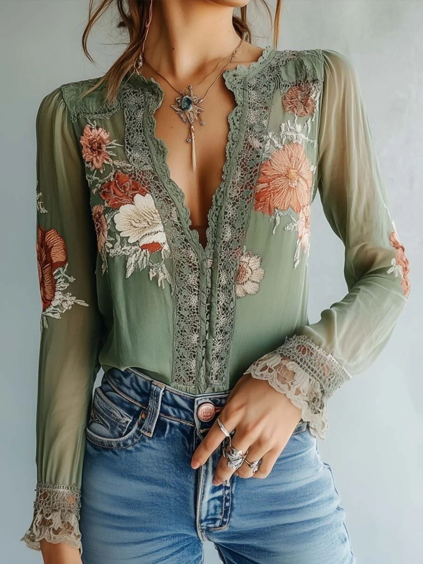 Floral Blouse with Lace Detail
