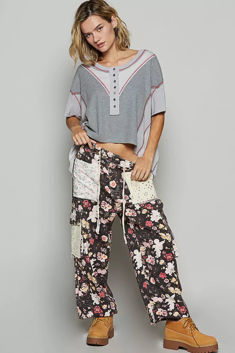 POL Womens T-shirt Gray Short Sleeve Contrast Stitch Top with Back Strap 1445e748-41a4-4537-9159-b74742aa2b94-Max-Origin Trendsi