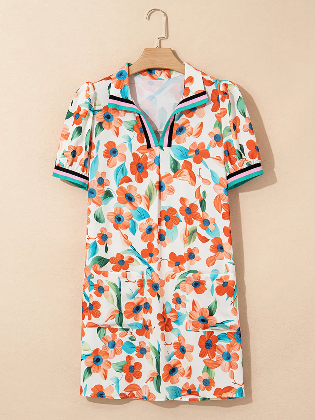 Mini Floral Dress Contrast Trim Split Neck Puff Short Sleeve Tiered 1448f2e8c6054e769365d6531e7e5b8d-Max-Origin Trendsi