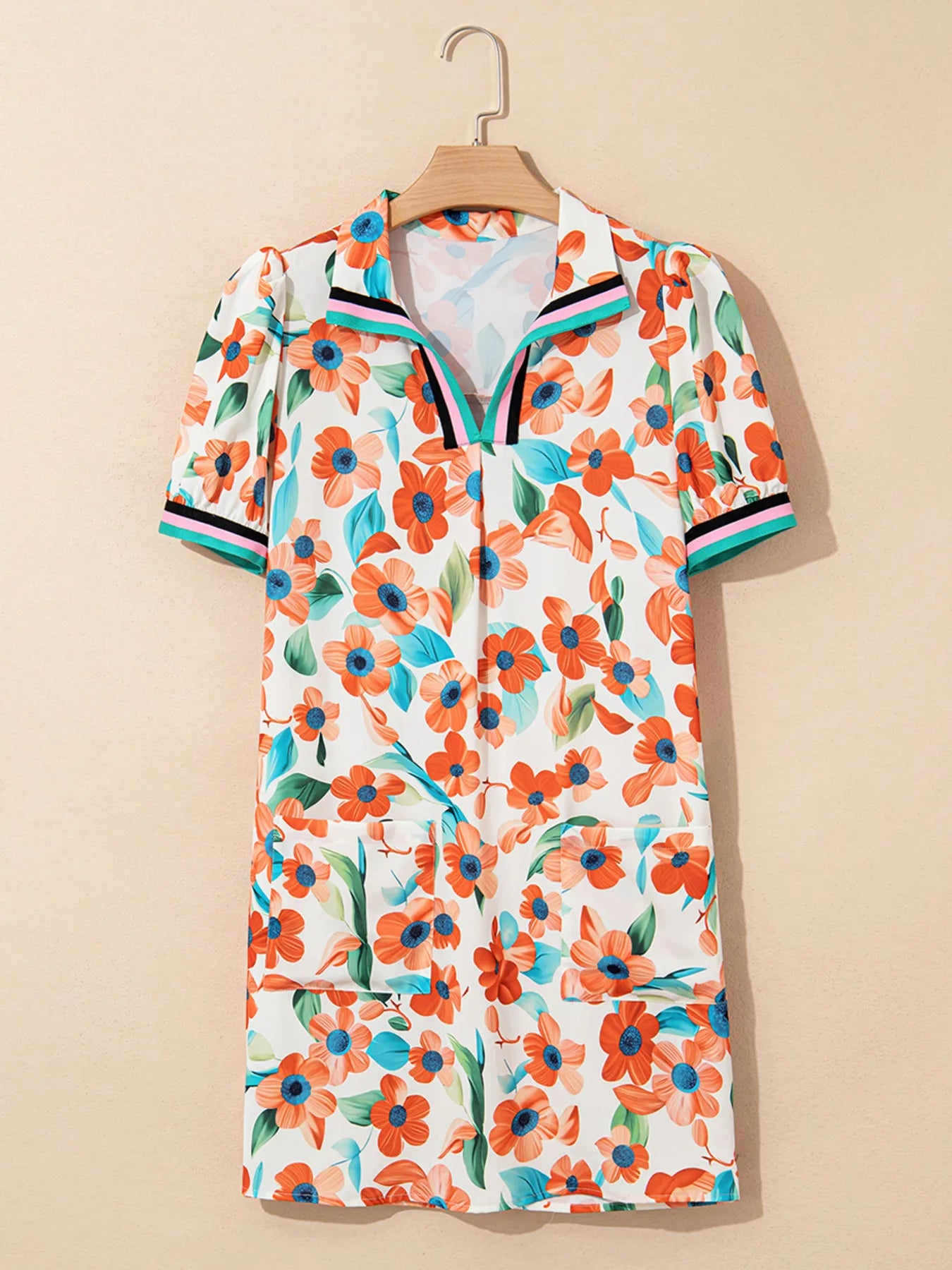 Mini Floral Dress Contrast Trim Split Neck Puff Short Sleeve Tiered 1448f2e8c6054e769365d6531e7e5b8d-Max-Origin Trendsi