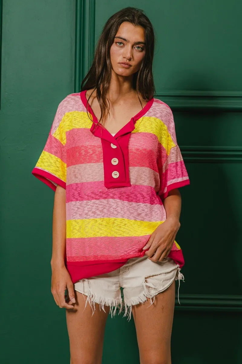 BiBi Multi Color Stripe Top Hacci Button Detail Ringer Short Sleeve T-shirt 14498748d2bb4ec89d263d6e30e708d9-Max-Origin Trendsi