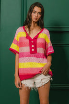 BiBi Multi Color Stripe Top Hacci Button Detail Ringer Short Sleeve T-shirt 14498748d2bb4ec89d263d6e30e708d9-Max-Origin Trendsi